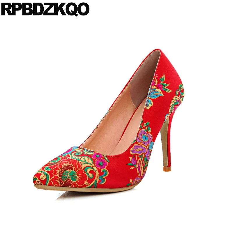 

red pumps size 4 34 women 3 inch cheap high heels scarpin satin low bridal shoes pointed toe 2018 embroidered medium embroidery