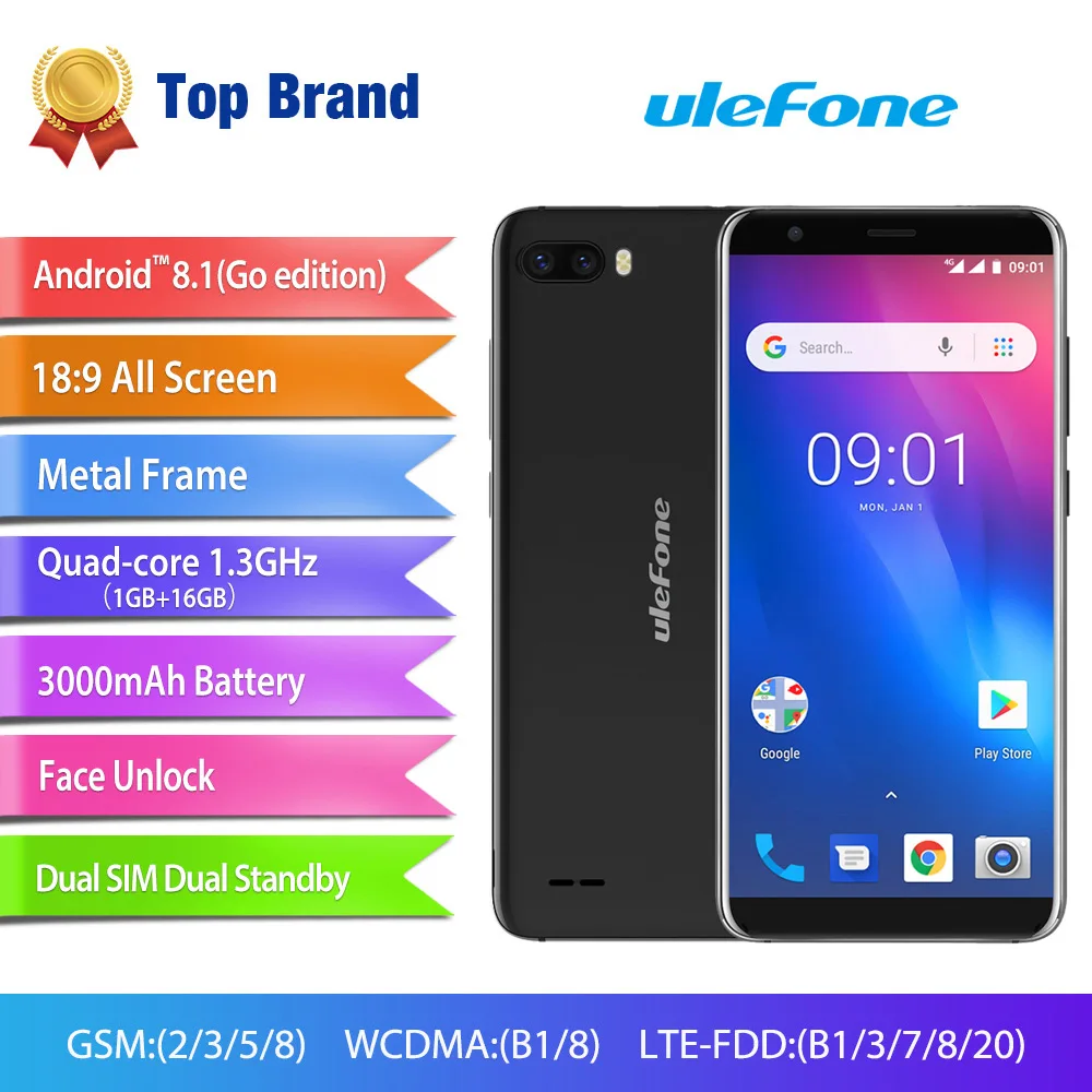 Ulefone S1 برو الهاتف المحمول الروبوت 8.1 5.5 بوصة 18:9 MTK6739 رباعية النواة 1 GB RAM 16 GB ROM 13MP + 5MP الخلفية كاميرا مزدوجة 4G الهاتف الذكي