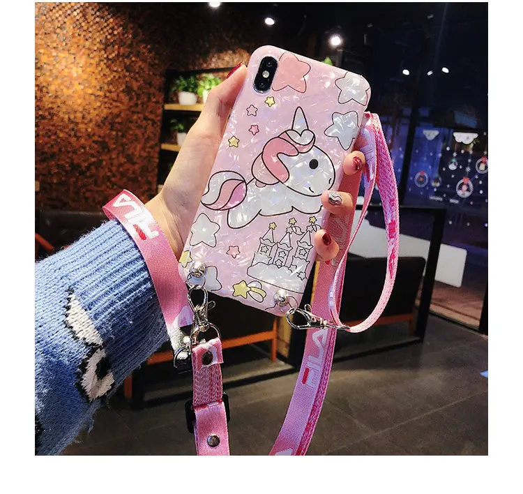

For iPhone xs max unicorn Case soft bling Cover for iPhone X 6 6s plus phone fundas for iphone 8 7plus shell case + long strap