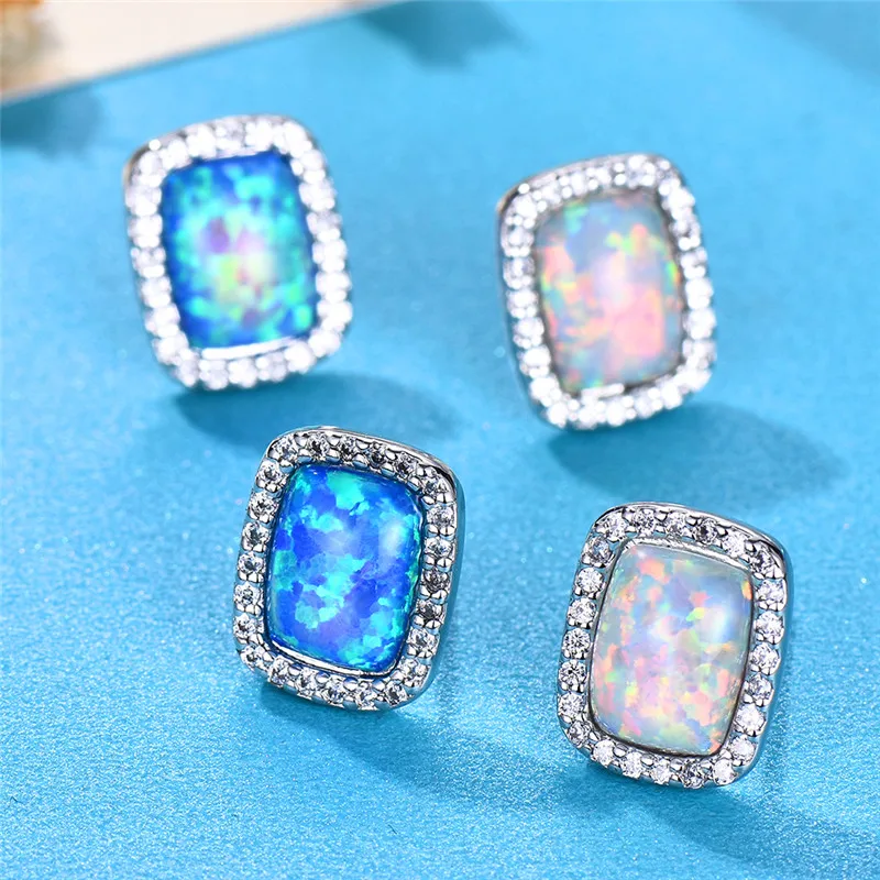 Boho женские маленькие шпильки геометрической формы серьги модные серебряные синие белые огненные опаловые серьги винтажные Свадебные Двойные серьги для женщин