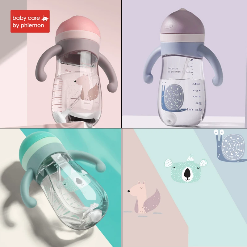 

Babycare Brand Baby Water Bottle Infant Cartoon Gravity Ball Cup Soft Silicone Handle Straw Leak Proof Tritan Water Bottle 280ml