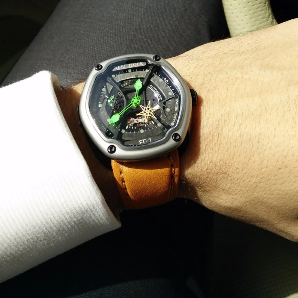 Риф Тигр/RT Роскошные спортивные часы для дайвинга светящийся циферблат нейлон/кожа/резина Ремешок Автоматические часы Креативный дизайн RGA90S7