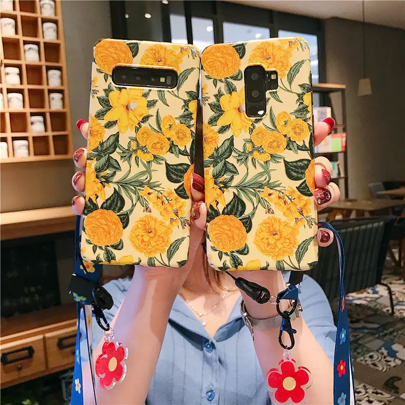 

Sam S10 plus Phone Case, Retro Flower hard back cover for Samsung Galaxy S8 S9 Note 9 note8 elegant Floral case +strap