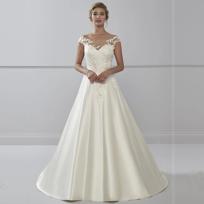 

Cap Sleeve Scoop Neck Wedding Dresses 2019 Appliques Lace Bridal Gown Beach Custom Made Wedding Dress Satin Vestido de Noiva