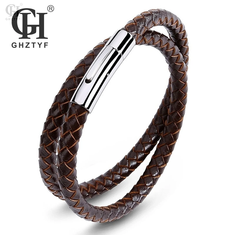 

Men's Female Stainless Steel Buckle 2 Color Leather Knit Bracelet Jewellery Leather Knit Wrap Bracelets Gift Leren Armband
