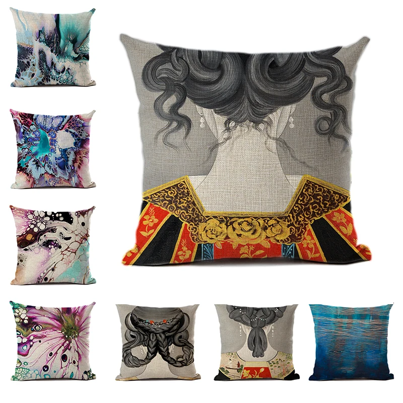 

Abstract Butterfly Cushion Cover Polyester Linen Girl's Back View Ink Style Print Decorative Pillowcase for Sofa Car Home Decor