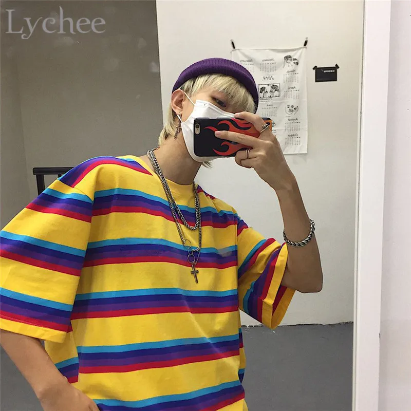 Lychee Harajuku хит цвета радужной полосой Женская футболка футболки с круглым вырезом короткий рукав цвет блок женские футболки футболка