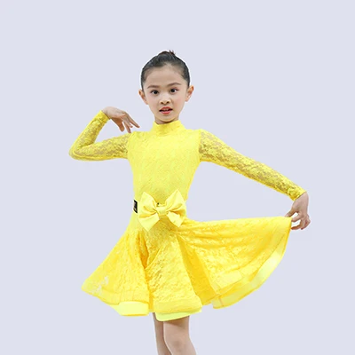 Латинский платье для танцев для девочек с длинным рукавом Кружева Стандартный конкурентоспособная платья Детские бальные детские Samba одежда для танго танцевальная одежда DN5019 - Цвет: yellow dress 1