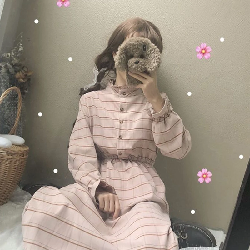 

Japan Women's Clothing New ulzzang Sweet women dress Stripe Chic Stand Butterfly Sleeve Korean Autumn hipster kawaii Dresses