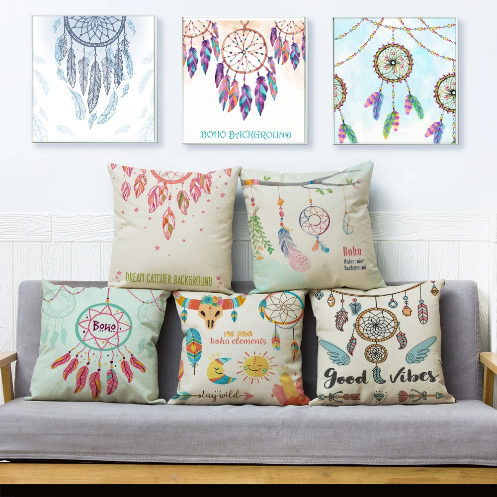 

Boho Style Decor Feather Cushions Covers Linen Pillowcase Bohemia Wind Chimes Feather Print Cushion Cover Pillows Case