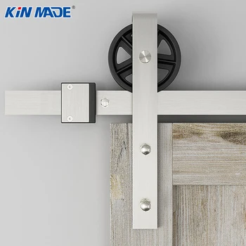 

KINMADE 6.6ft Brushed Nickel Steel Vintage Strap Industrial Big Wheel Sliding Barn Wood Door Hardware RollingTrack Kit