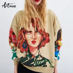 Artsnie уличная Женская толстовка с принтом персонажа Весна 2019 пуловер с длинными рукавами и круглым вырезом вязаный свитер с капюшоном