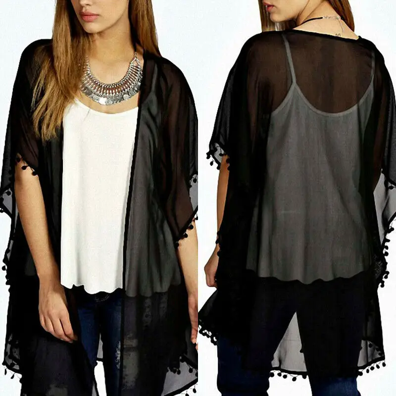

Hot Ladies Elegant Chiffon Sheer Half Sleeve Long Cover Up Blouse Women Fashion Summer Beach Black Joker Loose Cardigan Shirt