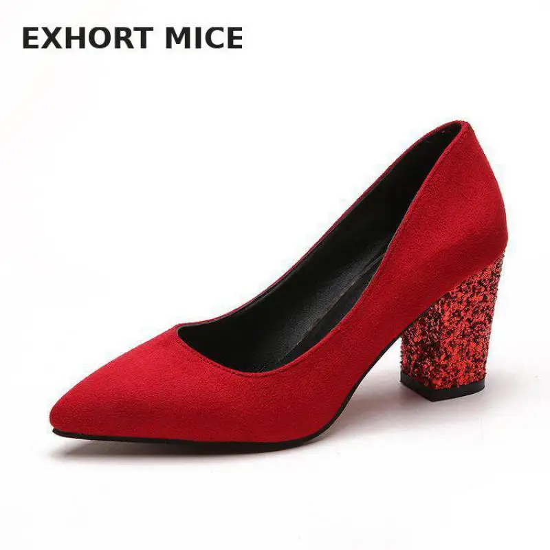 

2019 Women Pumps Square High Heel Pointed Toe Flock Spring/ Autumn Slip on Casual Platform Women Shoes Bling casual Sexy #666