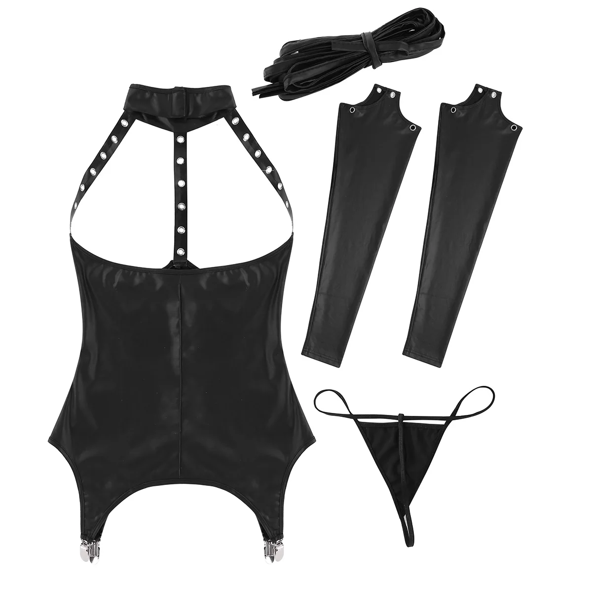 TiaoBug Women Black Halter Open Cup Bra Tops Patent Leather Open Crotch Erotic Lingerie Set Porno G String Garter Sexy Costumes TiaoBug Women Black Halter Open Cup Bra Tops Patent Leather Open Crotch Erotic Lingerie Set Porno G String Garter Sexy Costumes