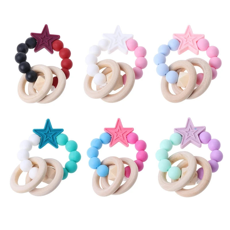 

Baby Teether Bracelet Silicone Natural Wooden Rings Nursing Chew Beads Teething