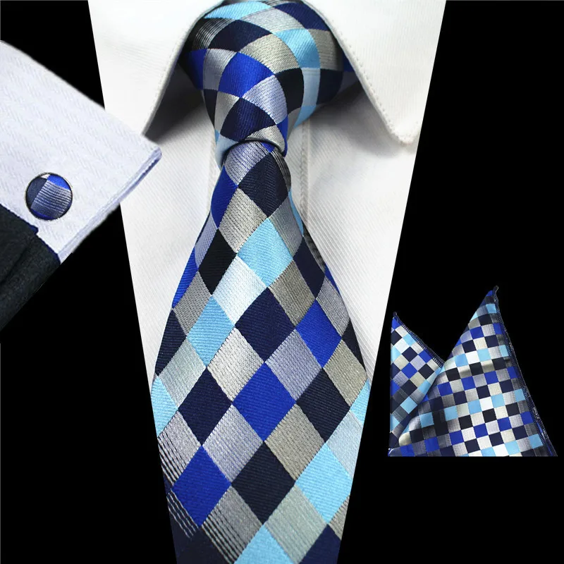

Fashion Silk Ties for Mens Accessories Black Blue White Solid Striped Jacquard Business Wedding Necktie Tie Cufflink Hanky Set