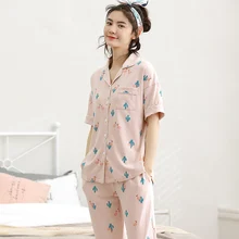 Новинка, весна-лето, хлопковый женский пижамный комплект, короткий топ+ длинные штаны с мультяшным отложным воротником, домашняя одежда