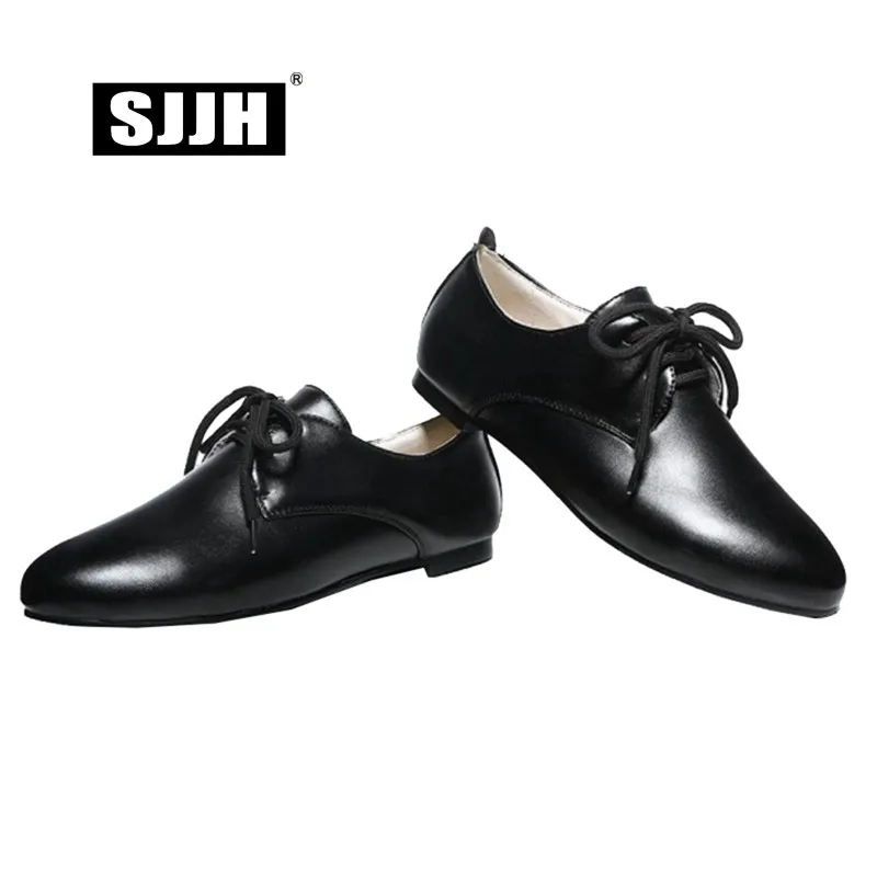 

SJJH 2018 Woman Neutral Loafers with Round Toe Lace-up Flats Comfortable Footwear Trainer Fashion Casual Shoes Large Size A113