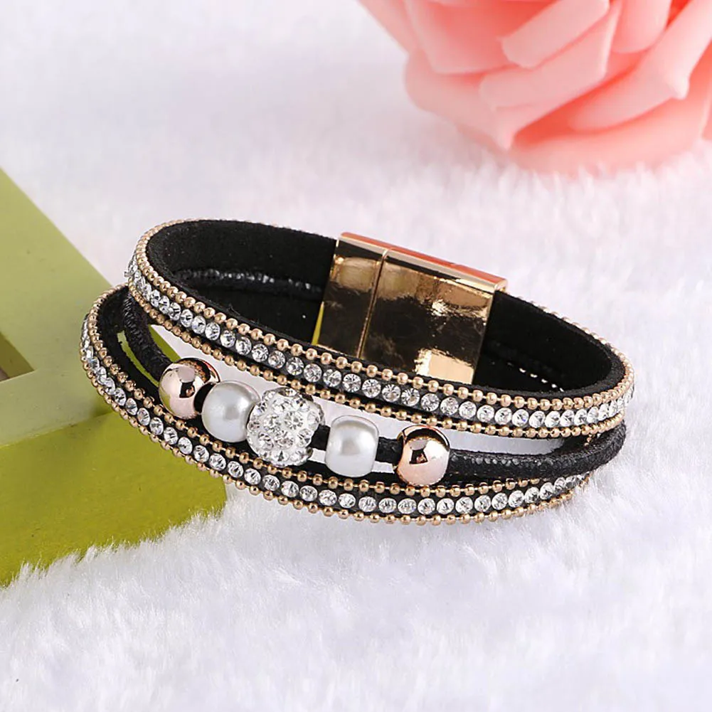 

Fashion Multilayer Styles Magnetic Clasp Leather Bracelets Bangles for Women Pendant Female Jewelry