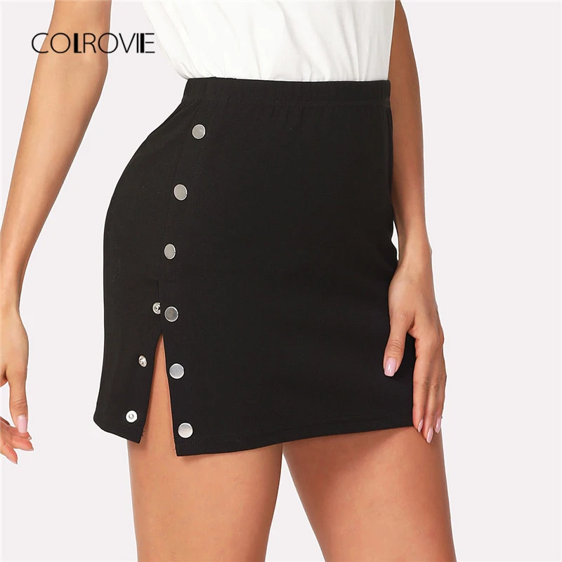 Comprar COLROVIE 2018 nueva falda ajustada lateral abotonada negra de verano corta de verano falda de mujer de verano de cintura media elegante Mini falda lisa
