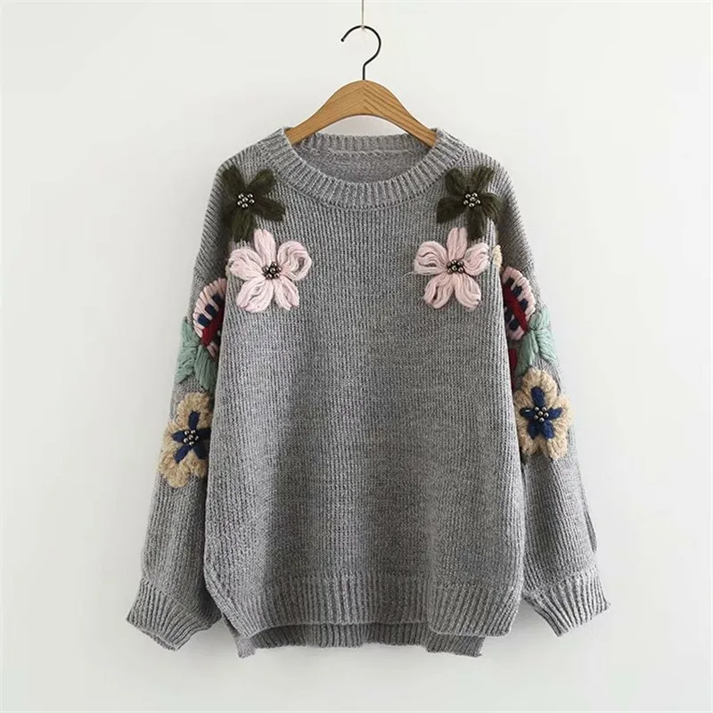 Neploe/свитер для девочек с цветочной аппликацией и бисером, короткий женский пуловер с круглым вырезом спереди,, Осень-зима, новинка, Sueter Mujer 68896