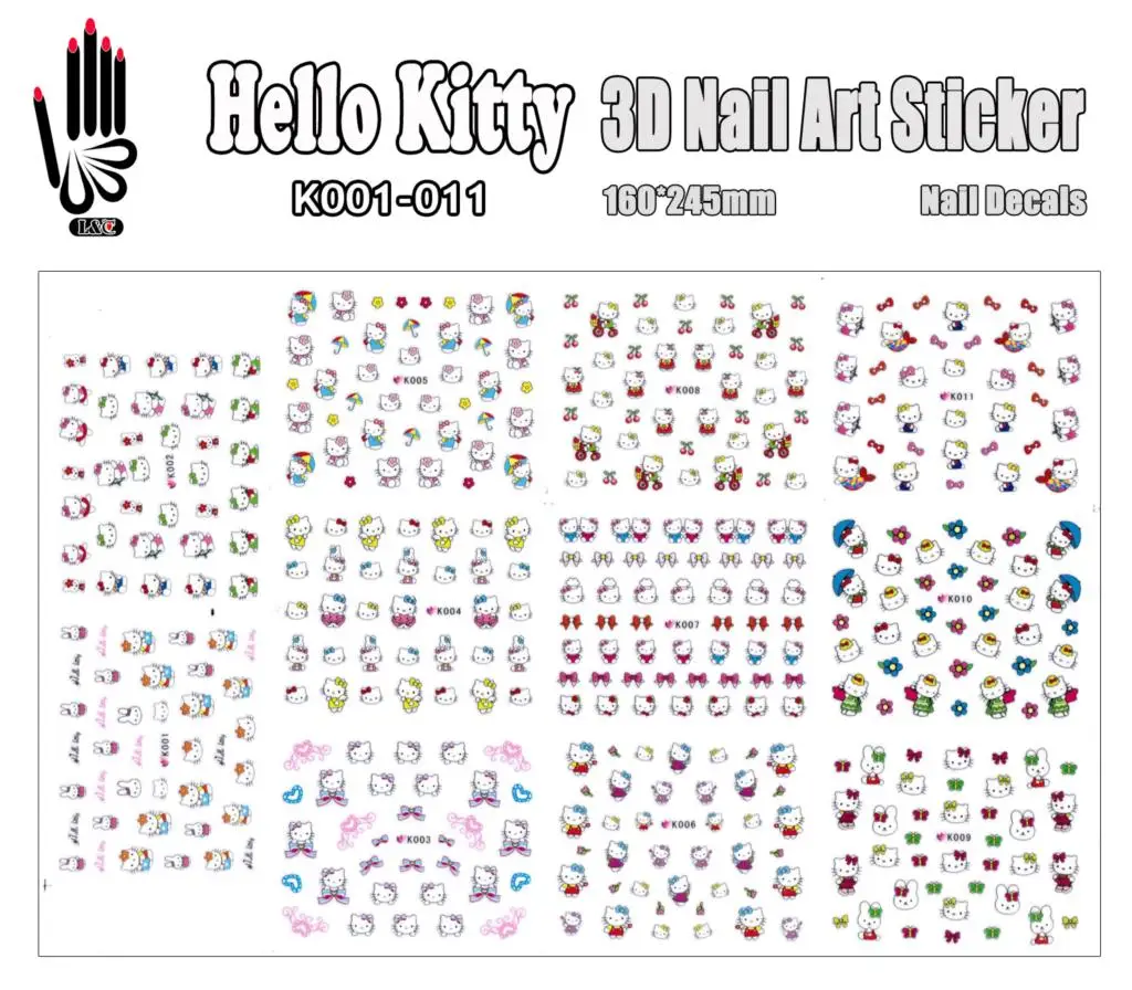 K001-011 для ногтей hello kitty 3d стикер для дизайна ногтей Наклейка для украшения ногтей DIY(11 видов конструкций в 1