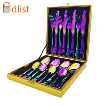 

16pcs Rainbow Cutlery Set Kitchen Dinnerware Colorful Tableware Stainless Steel Flatware set Dinner Knife and Fork Teaspoon