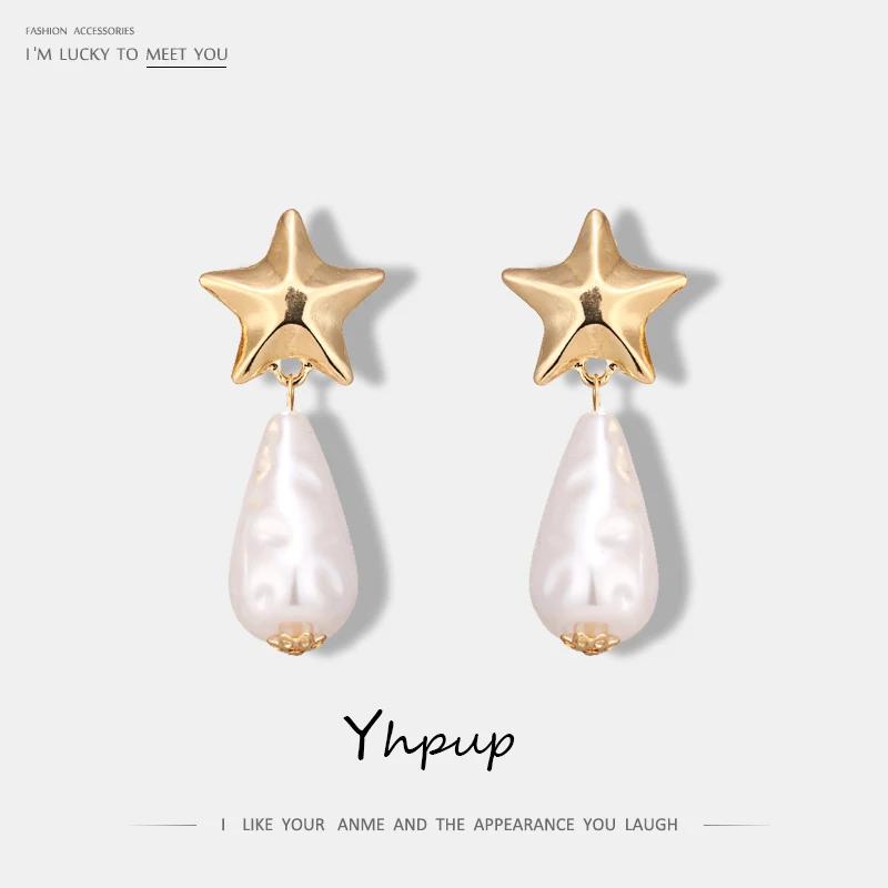 

Yhpup Trendy Sweet Imitation Pearls Dangle Clip Earrings Star Geometric Brincos Minimalist Statement Jewelry for Girl Party New