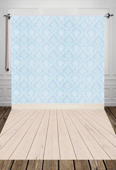 

HUAYI Blue Damask Backdrop With Vintage Wood Floor Art Fabric Newborn Backdrop D-7977