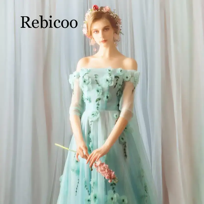 

Rebicoo 2019 dress full applique flower beaded long evening dress boat collar fashion dream petal shawl design formal skirt