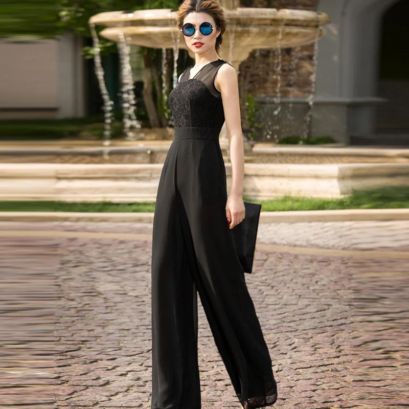 

2019 Women Summer Lace Jumpsuit High Street Chiffon Elegant Khaki Full Length Wide Leg Party Rompers Plus Size 3XL 4XL