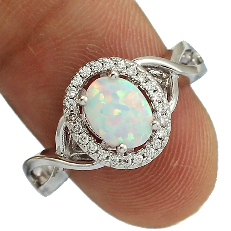 

OPAL New Style Wholesale Retail 6x8MM Oval White Fire Opal AAA CZ Inlay Women Rings Size 6 / 7 / 7.5 / 8 / 9 64WD