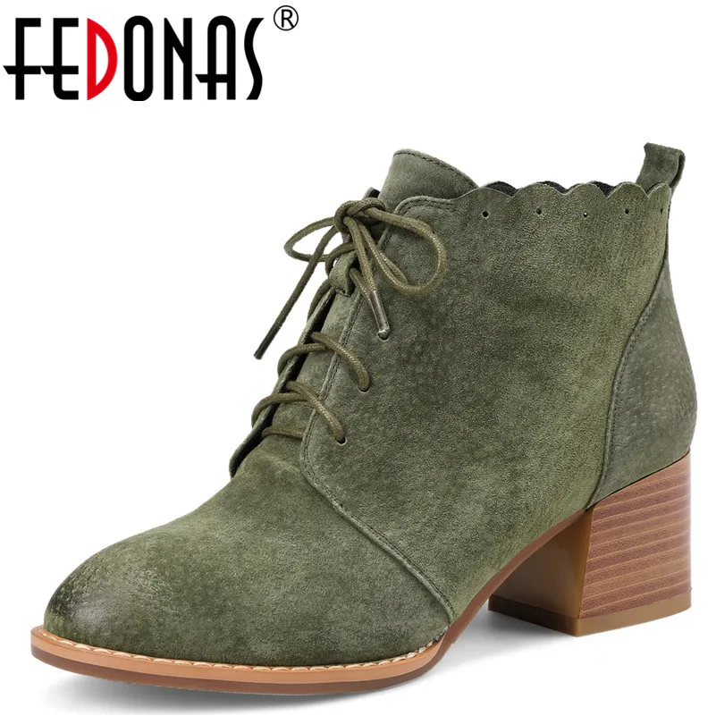 

FEDONAS1Fashion Women Ankle Boots Pig Suede Autumn Winter Warm High Heels Shoes Woman Round Toe Cross-tied Quality Martin Boots