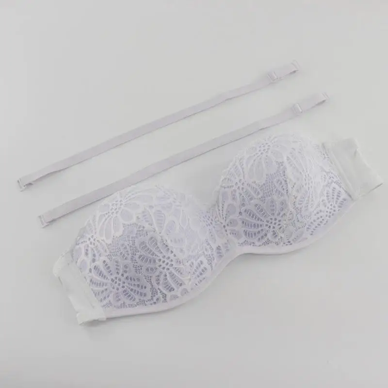 Women Lace Push Up Bra Strapless Invisible Padded Bralette Sexy Half Cup Underwear Intimates Large Size 90-105B - Цвет: Белый