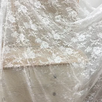 

1 meter Clear sequin rose floral embroidery chantilly lace fabric , wedding gown lining fabric by yard in off white 150cm wide