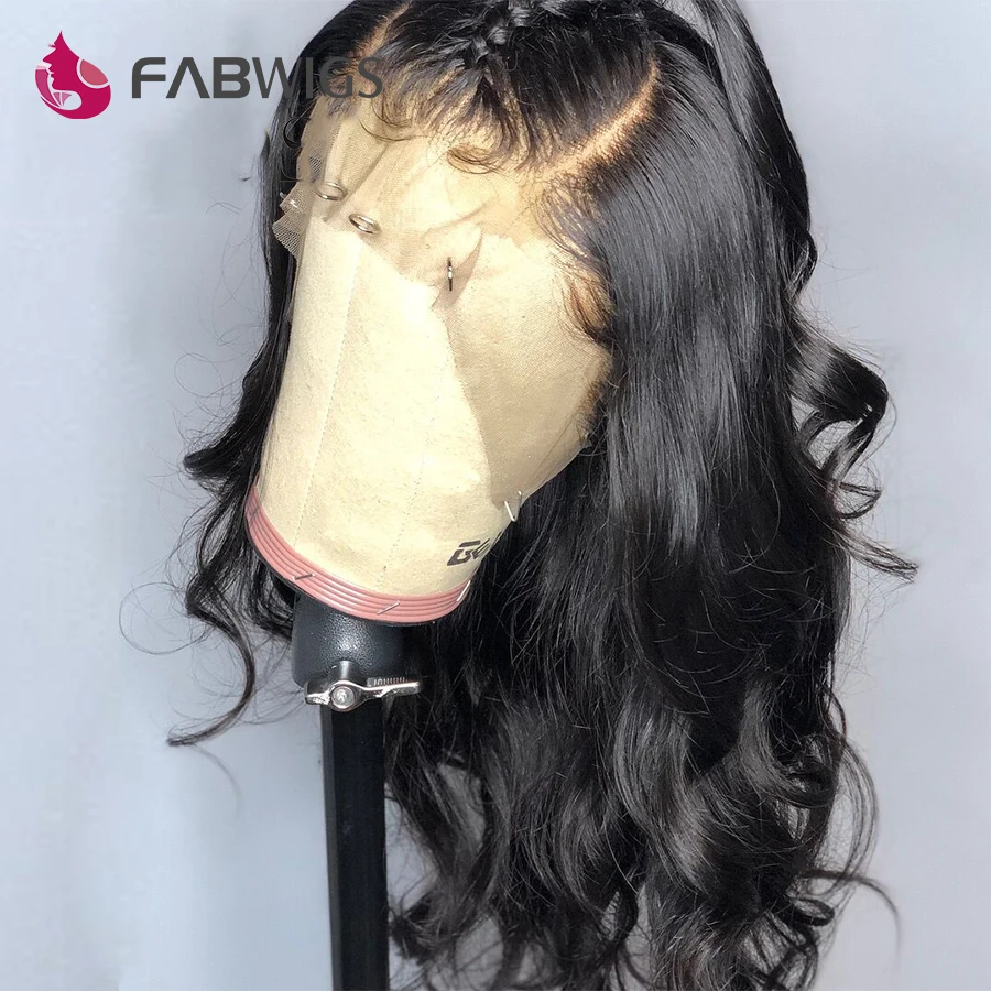 Fabwigs 180% Плотность Бразильская волна тела 360 синтетический фронтальный парик предварительно сорвал Реми кружева человеческих волос парики для черных женщин полный конец