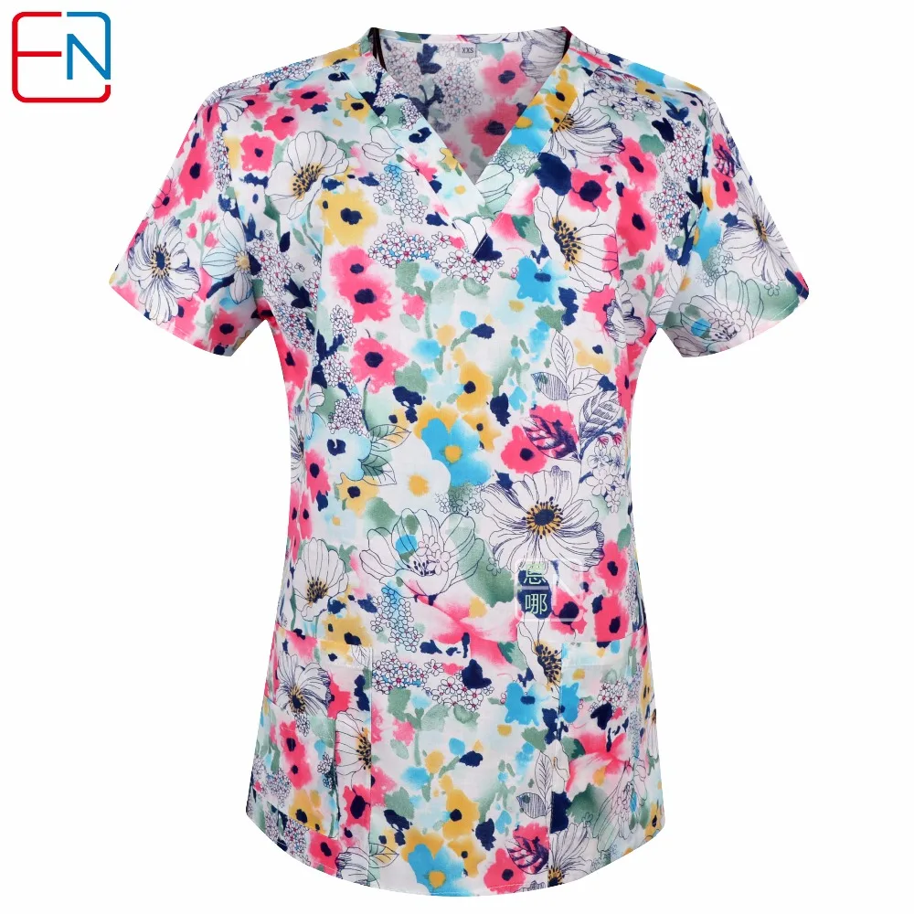 

20180505 Hennar Women Scrub Top Print Clinical Hospital Medical Uniforms V-Neck Short Sleeve 100% Cotton Surgical Scrubs Top