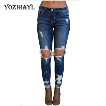 

YOZIHAYL Ripped Middle Waist Elastic Skinny Pencil Summer Streetwear Solid Pants Long Length Blue Color Woman High Quality Jeans