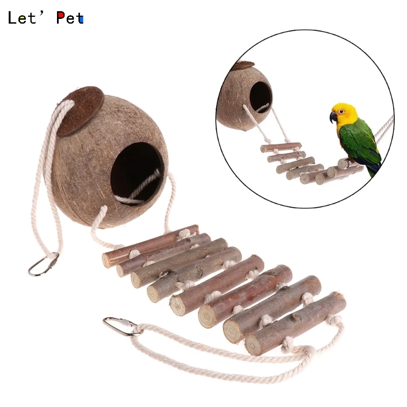 Bird Parrot Toy Nest Hut Cage Natural Coco Hideaway with Ladderin Toys