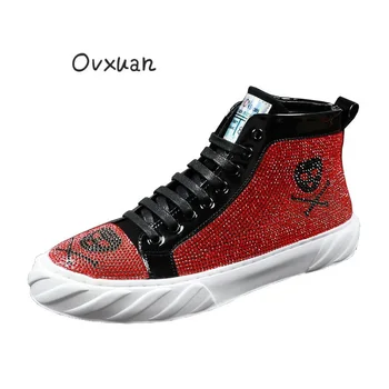 

High Top Rhinestone Diamond Punk Skull Platform Martin Boots Men Trainers Sneakers Fashion Party Mens Dress Boots Casual Shoes