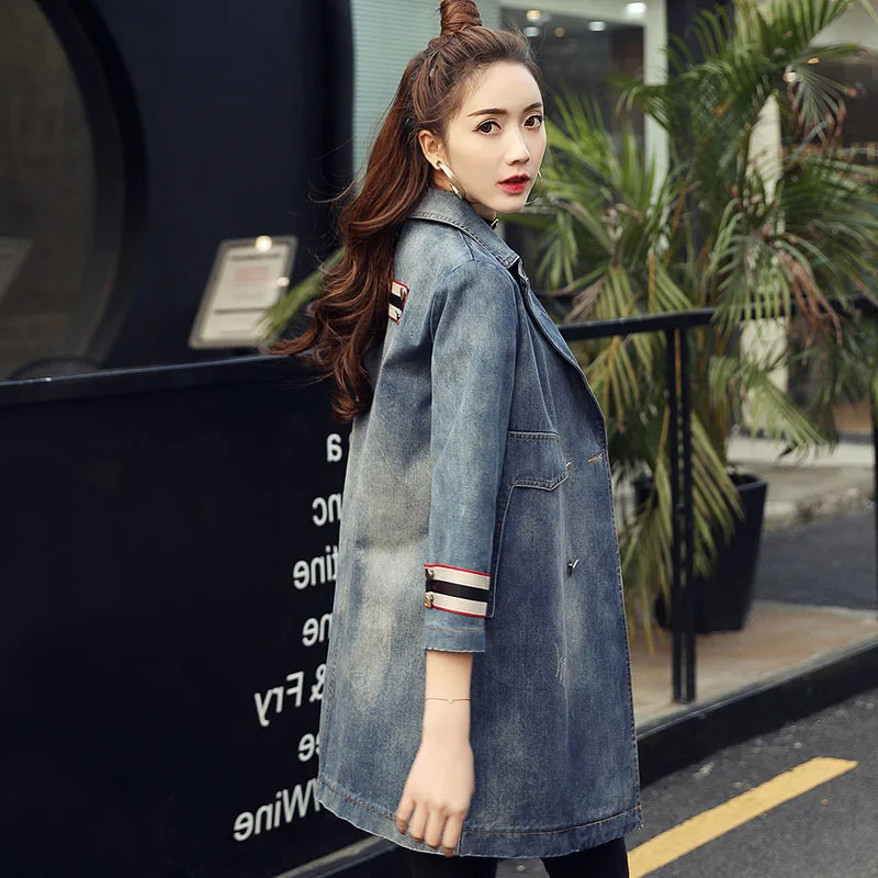 

New Fashion 2017 Spring Summer Women's Streetwear Long Denim Trench Coat Double Breasted Blue Hole Outerwear Casaco Feminino
