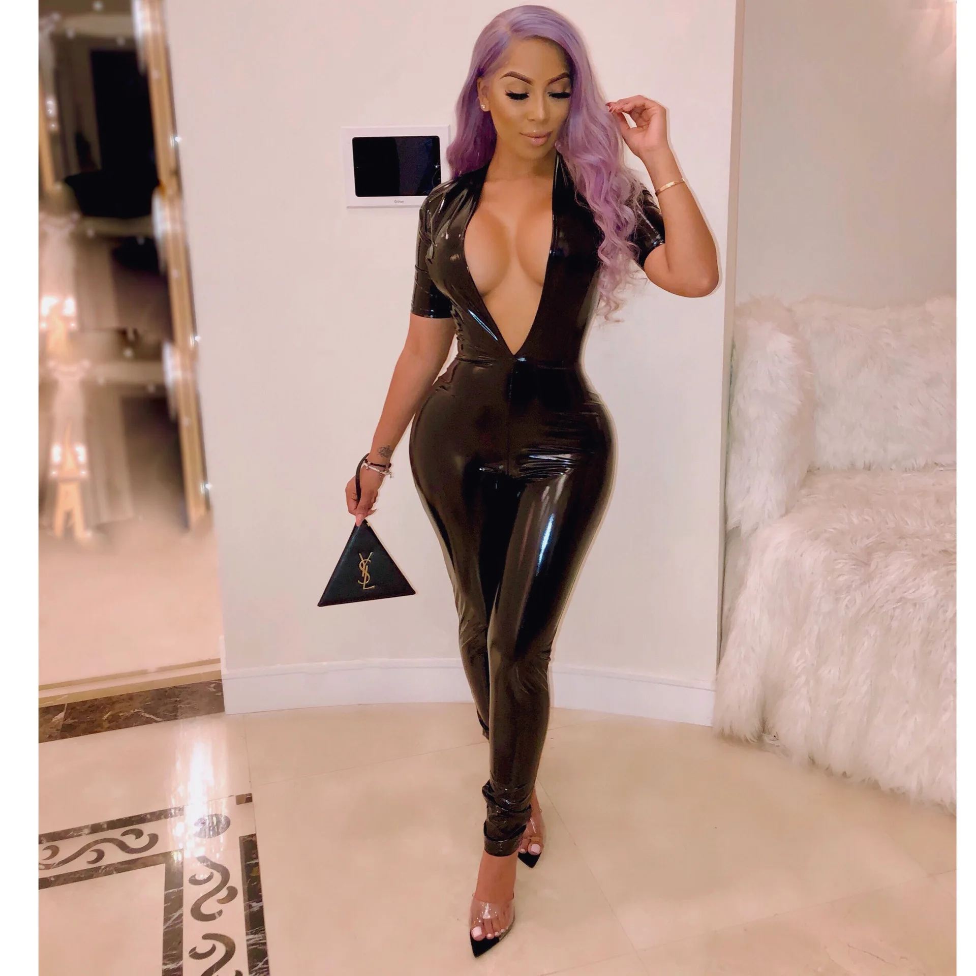 

Short Sleeved Deep V Pu Leather Sexy Bodysuit Full-length Pants Nightclub Jumpsuit Black UJ4517