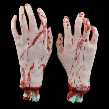 

A Pair Scary Severed Cut Off Fake Skin Color Hand Body Part Latex Bloody Haunted House Halloween Props Party Funny Toys Decor