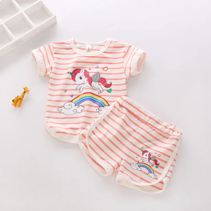 2019 Girls Cartoon Rainbow Unicorn Clothing Sets Children's Striped Short Sleeve T-Shirt + Shorts Kid Set Girls Clothes 2019 Girls Cartoon Rainbow Unicorn Clothing Sets Children's Striped Short Sleeve T-Shirt + Shorts Kid Set Girls Clothes