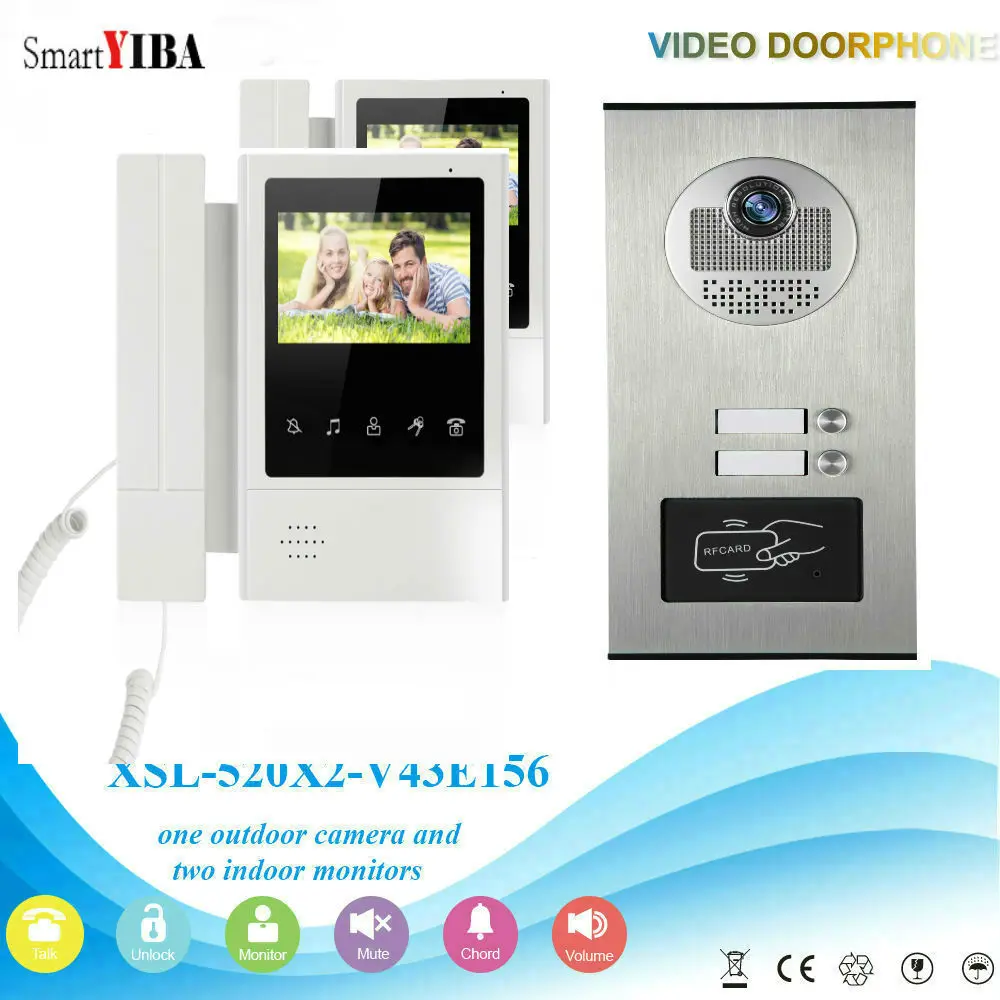 SmartYIBA 2 Units 4.3\Color Video Door Phone Intercom Kit Multi Apartment Building Video Intercom System+1 RFID Access Camera