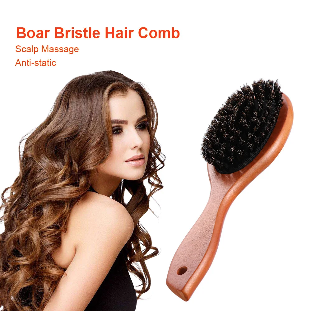 

Portable Natural Boar Bristle Hairbrush Massage Comb Anti-static Hair Paddle Brush Beech Wooden Handle Hair Brush Styling Tool