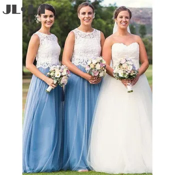 

New Fashion Bridesmaids Dresses Scoop Neck Sleeveless Lace Appliques A Line Tulle Long Bridesmaids Dress Custom Made For Woman