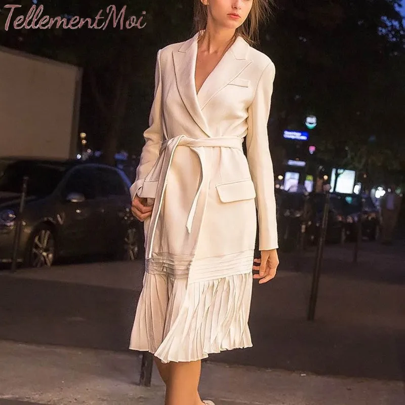 

2019 New Celebrity Party Dress Women Long Sleeve White V Neck Midi Club Dresses Elegant Female Pleated Jacket Suit Dress Vestido