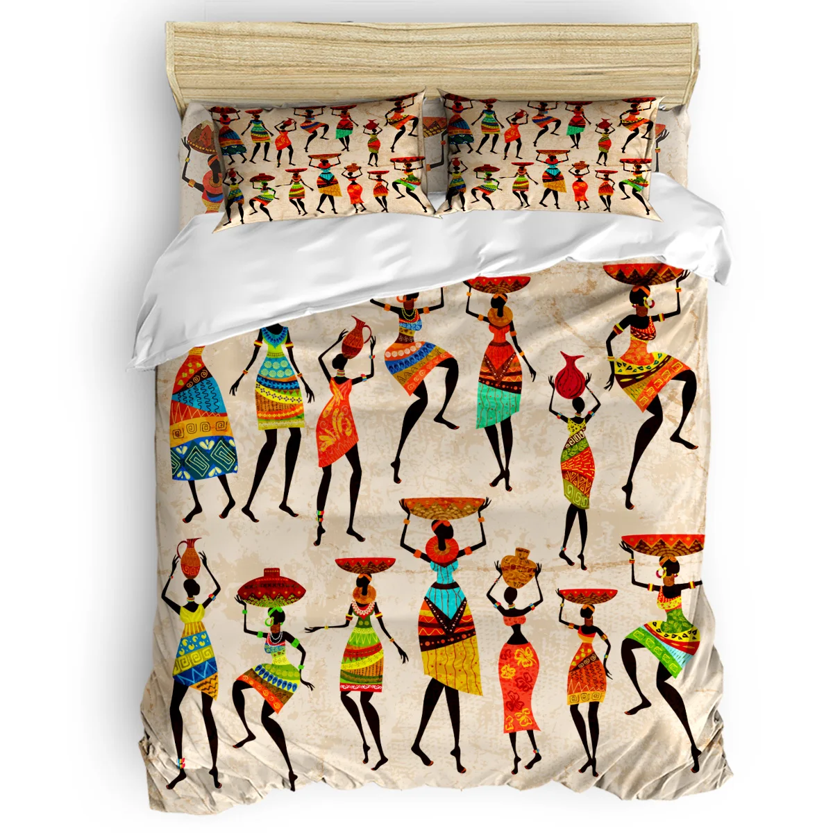 

African Women Ethnic Retro Duvet Cover Set View of Folkloric Serape Blanket Charro Hat and Music Instruments 4 Piece Bedding Set